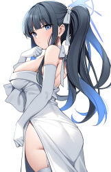 Rule 34 | 1girl, absurdres, ass, black hair, blue archive, blue hair, blush, breasts, commentary, dress, elbow gloves, garter straps, gloves, halo, highres, large breasts, long hair, looking at viewer, looking to the side, multicolored hair, official alternate costume, ponytail, saori (blue archive), saori (dress) (blue archive), simple background, solo, strapless, strapless dress, suiroh (shideoukami), thighhighs, two-tone hair, very long hair, white background, white dress, white garter straps, white gloves, white thighhighs