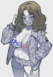 Rule 34 | 1girl, american flag bikini, arm up, bikini, blonde hair, blush, breasts, cleavage, collarbone, flag print, girls und panzer, kay (girls und panzer), large breasts, long hair, long sleeves, looking at viewer, open mouth, parted bangs, partially colored, partially unzipped, slammo, smile, solo, swimsuit, thighhighs, zipper, zipper pull tab