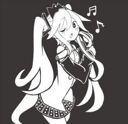 Rule 34 | 1girl, bare shoulders, buriki no dance (vocaloid), crown, detached sleeves, hair between eyes, hair ornament, hatsune miku, long hair, looking at viewer, monochrome, music, musical note, necktie, one eye closed, open mouth, pleated skirt, shirt, singing, skirt, solo, spotted skirt, star-shaped pupils, star (symbol), symbol-shaped pupils, tsunotsuki (uguisu maccha), twintails, very long hair, vocaloid