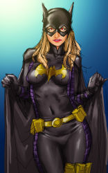 Rule 34 | 1girl, alternate eye color, batgirl, batman (series), belt, blue background, cape, covered navel, dc comics, gloves, mask, pouch, sketch, solo, stephanie brown, take (draghignazzo), thigh pouch