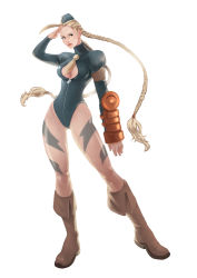 Rule 34 | 1girl, absurdres, ahoge, antenna hair, armband, blonde hair, blue eyes, blue leotard, boots, braid, breasts, cammy white, camouflage, capcom, cleavage, cleavage cutout, clothing cutout, garrison cap, gloves, hat, highres, huge ahoge, knee boots, kobus faber, large breasts, leotard, lips, lipstick, long hair, low-tied long hair, makeup, necktie, nose, salute, single glove, solo, street fighter, turtleneck, twin braids, unzipped, very long hair