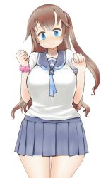 Rule 34 | 1girl, blue eyes, blue necktie, blue sailor collar, blue skirt, blush, breasts, brown hair, closed mouth, cowboy shot, hair ornament, hair scrunchie, hands up, head tilt, highres, large breasts, long hair, looking at viewer, necktie, nijitama shiyushiyu, one side up, original, pleated skirt, sailor collar, scrunchie, shirt, short sleeves, simple background, skirt, smile, solo, standing, white background, white shirt, wrist scrunchie