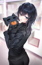 Rule 34 | 1girl, absurdres, bara (03 bara ), black hair, black jacket, black shirt, blue eyes, blurry, blurry background, blush, breasts, commentary request, cowboy shot, from behind, hair between eyes, highres, holding, holding stuffed toy, indoors, jacket, long sleeves, looking at viewer, looking back, medium breasts, open clothes, open jacket, open mouth, original, shirt, solo, stuffed animal, stuffed cat, stuffed toy, sweatdrop, yokoyama ishimi