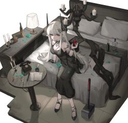 Rule 34 | 1girl, alcohol, arknights, bare shoulders, bed, black dress, black footwear, black gloves, candle, closed mouth, commentary, corded phone, cup, desk lamp, dress, drinking glass, earrings, full body, gloves, hammer, highres, holding, holding cup, horns, infection monitor (arknights), jewelry, lamp, light smile, long dress, long hair, looking at viewer, mudrock (arknights), mudrock (obsidian) (arknights), official alternate costume, on bed, paper, phone, pointy ears, polyvora, quill, red eyes, single glove, sitting, sledgehammer, sleeveless, sleeveless dress, white hair, wine