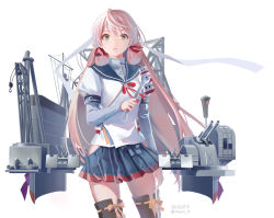 Rule 34 | 1girl, akashi (kancolle), armor, bandana, banned artist, blue sailor collar, blue skirt, blunt tresses, brown thighhighs, dated, green eyes, hair ribbon, hip vent, kantai collection, lips, long hair, long sleeves, nacht (nacht 01), pink hair, pleated skirt, red neckwear, red ribbon, ribbon, sailor collar, school uniform, serafuku, simple background, skirt, solo, thighhighs, tress ribbon, twitter username, white background