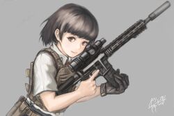 Rule 34 | 1girl, absurdres, arpscell, assault rifle, black hair, brown eyes, closed mouth, eyebrows hidden by hair, eyelashes, gloves, grey background, gun, gun sling, highres, holding, holding gun, holding weapon, light smile, load bearing vest, looking at viewer, magazine (weapon), original, rifle, scope, short hair, short sleeves, signature, single glove, solo, submachine gun, suppressor, trigger discipline, upper body, weapon, weapon request