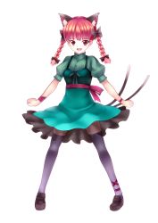 Rule 34 | 1girl, absurdres, adapted costume, animal ears, braid, cat ears, cat girl, cat tail, extra ears, female focus, full body, greave (asterism), highres, kaenbyou rin, leg ribbon, multiple tails, open mouth, outstretched arms, red eyes, red hair, ribbon, short hair, smile, solo, spread arms, standing, tail, thighhighs, touhou, transparent background, twin braids, twintails, wrist ribbon