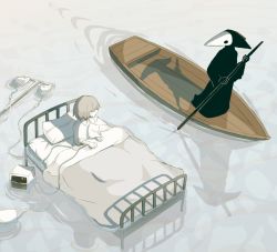 Rule 34 | 1boy, 1other, afloat, avogado6, bed, bed frame, colored skin, commentary request, gondola, grey hair, hospital gown, intravenous drip, long sleeves, on bed, original, pillow, shadow, white skin