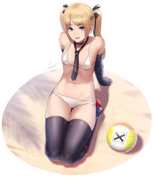 Rule 34 | 1girl, ball, bikini, black ribbon, blonde hair, blush, breasts, dead or alive, elbow gloves, female focus, full body, gloves, hair ornament, hair ribbon, highres, long hair, looking at viewer, marie rose, ribbon, sawasa, small breasts, solo, stomach, swimsuit, thighhighs, thighs, twintails, volleyball, volleyball (object), x hair ornament