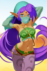 1girl arabian_clothes armpits arms_behind_head big_hair blue_eyes blue_pupils blurry blurry_background breasts circlet commentary dark-skinned_female dark_skin english_commentary gerudo highres large_breasts long_hair long_pointy_ears navel outdoors pointy_ears purple_hair revenantart shantae shantae_(series) smile solo standing very_long_hair