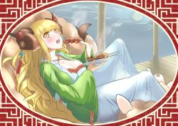 Rule 34 | 1girl, absurdres, alternate costume, anila (granblue fantasy), blonde hair, blunt bangs, blush, breasts, cleavage, commentary, corn, dress, eating, food, granblue fantasy, halterneck, highres, horn ornament, horns, large breasts, long hair, meat, mid-autumn festival, moon, open mouth, pointy ears, sheep, sheep horns, short eyebrows, sidelocks, sitting, skewer, sky, solo, tassel, thick eyebrows, tim20135, very long hair, wavy hair, white dress, wide sleeves, yellow eyes