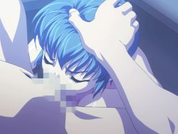 Rule 34 | 1boy, 1girl, animated, animated gif, blue hair, breasts, censored, cum, cum in mouth, deepthroat, closed eyes, fellatio, hand on another&#039;s head, hetero, large breasts, oral, pov, reversible