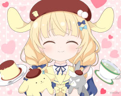 Rule 34 | 1girl, ^ ^, animal ears, beret, blonde hair, blue bow, blue shirt, bow, brown hat, closed eyes, closed mouth, commentary request, crossover, cup, facing viewer, floppy ears, food, gochuumon wa usagi desu ka?, hair bow, hair over shoulder, hat, heart, kemonomimi mode, kirima syaro, long hair, mitya, pink background, plate, polka dot, polka dot background, pompompurin, pudding, puffy short sleeves, puffy sleeves, rabbit ears, sanrio, saucer, shirt, short sleeves, simple background, spoon, twitter username, upper body, wild geese