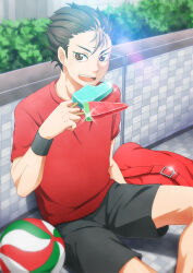 Rule 34 | 1boy, arm up, bag, ball, black shorts, black wristband, brown eyes, brown hair, bush, commentary, crew neck, eating, food, haikyuu!!, holding, holding food, looking at viewer, male focus, multicolored hair, nishinoya yuu, open mouth, outdoors, popsicle, red bag, red shirt, school bag, shirt, short sleeves, shorts, sitting, streaked hair, sueko, t-shirt, teeth, tongue, upper teeth only, volleyball (object), wristband