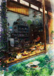 Rule 34 | 1girl, ahoge, apple, bandaid, barefoot, window blinds, book, brown eyes, brown hair, cat, corn, cucumber, eating, eggplant, fish, flower, food, fruit, goldfish, grass, hair ornament, hairclip, highres, kappa, messy room, morning glory, nature, neyagi, original, pixiv festa, plant, popsicle, potted plant, room, roomscape, scenery, shade, short hair, shorts, sitting, solo, tomato, water, watermelon, watermelon bar, wide shot, wind chime