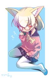 Rule 34 | 10s, 1girl, :3, animal ears, bespectacled, blonde hair, bow, bowtie, brown eyes, commentary request, fennec (kemono friends), fox ears, glasses, highres, kemono friends, loafers, looking at viewer, miniskirt, pink sweater, pleated skirt, red-framed eyewear, school uniform, serafuku, shoes, short hair, sitting, skirt, smile, solo, sweater, tanaka ahiru, thighhighs, translation request, two-tone background, wariza, white thighhighs