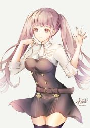 Rule 34 | 1girl, artist name, atoatto, belt, breasts, closed mouth, female focus, fire emblem, fire emblem: three houses, garreg mach monastery uniform, hilda valentine goneril, long hair, matching hair/eyes, medium breasts, nintendo, pink eyes, pink hair, signature, simple background, smile, solo, thighhighs, thighs, twintails, uniform, white background, zettai ryouiki