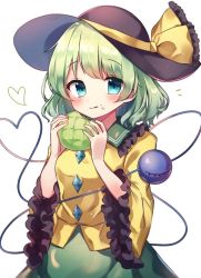 Rule 34 | 1girl, :q, blue eyes, blush, bow, breasts, buttons, cowboy shot, diamond button, eating, food, food on face, frilled shirt collar, frills, fruit, green hair, green skirt, hands up, hat, hat bow, heart, heart of string, holding, holding food, holding fruit, komeiji koishi, long sleeves, looking at viewer, medium breasts, medium hair, moshihimechan, shirt, simple background, skirt, sleeves past elbows, solo, tongue, tongue out, touhou, white background, wide sleeves, yellow bow, yellow shirt