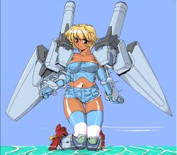 Rule 34 | 1girl, alternate color, argentinian flag, argentinian flag print, blonde hair, chimney, cruiser, dark-skinned female, dark skin, flag print, gun, mecha musume, military, military vehicle, nanashi (7th exp), navel, ocean, original, personification, propeller, red eyes, ship, short hair, skindentation, solo, striped clothes, striped thighhighs, thighhighs, warship, water, watercraft, weapon