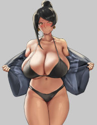 Rule 34 | 1girl, bijin onna joushi takizawa-san, black hair, blush, bra, breasts, cleavage, commentary, curvy, earrings, eu03, grey background, hair bun, huge breasts, jacket, jewelry, looking at viewer, mature female, mole, mole under mouth, office lady, open clothes, open jacket, panties, sagging breasts, simple background, single hair bun, solo, takizawa kyouko, underwear, yellow eyes