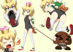 Rule 34 | &gt; &lt;, 1girl, aged down, all fours, armlet, bare shoulders, black collar, black leotard, blonde hair, blue eyes, blush, bowser jr., bowsette, bowsette jr., bracelet, breath weapon, breathing fire, bullet bill, child, collar, covered navel, crown, fang, fang out, fire, goomba, highres, horns, jewelry, leotard, looking at viewer, looking back, mario (series), multiple views, new super mario bros. u deluxe, nintendo, ogyadya, pointy ears, princess baby bowser, red footwear, sharp teeth, short hair, spiked anklet, spiked armlet, spiked bracelet, spiked collar, spiked shell, spiked tail, spikes, standing, super crown, tail, teeth, thighhighs, turtle shell, tusks, yawning