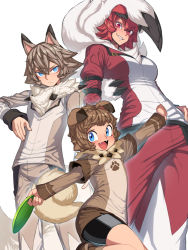 Rule 34 | 1boy, 1girl, androgynous, animal ears, bandaid, bandaid on knee, bandaid on leg, belt, black hair, blue eyes, brown hair, brown pants, brown shirt, creatures (company), dog ears, evolutionary line, fangs, frisbee, game freak, gen 7 pokemon, grin, layered sleeves, lycanroc, lycanroc (midday), lycanroc (midnight), multicolored hair, nintendo, open mouth, outstretched arms, pants, paw print, personification, pokemon, pokemon sm, red eyes, red hair, red pants, rockruff, sharp teeth, shirt, short hair, smile, spacezin, teeth, white background, white hair, wolf ears