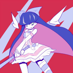 Rule 34 | 10s, 1girl, amida atsumu, bow, long hair, lowres, multicolored hair, panty &amp; stocking with garterbelt, skirt, solo, stocking (psg), striped legwear, sword, weapon, wings