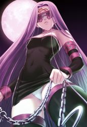 Rule 34 | 1girl, absurdres, armpits, bare shoulders, black dress, blindfold, breasts, chain, collar, collarbone, detached sleeves, dress, facing viewer, fate/stay night, fate (series), from below, highres, long hair, medium breasts, medusa (fate), medusa (rider) (fate), navel, panties, pantyshot, purple hair, scan, solo, strapless, strapless dress, thighhighs, tony taka, underwear, very long hair
