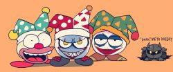 Rule 34 | alternate costume, batman, batman (cosplay), batman (series), cosplay, dc comics, expressionless, grin, half-closed eyes, hat, it (stephen king), jester cap, joker (2019), kirby (series), krusty the clown, krusty the clown (cosplay), makeup, marx (kirby), meta knight, nintendo, no arms, orange background, pennywise, pennywise (cosplay), rariatto (ganguri), red footwear, red nose, sharp teeth, simple background, smile, teeth, the joker, the joker (cosplay), the simpsons, trait connection, yellow eyes