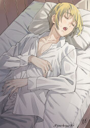 1boy armin_arlert artist_name blonde_hair blush closed_eyes collarbone collared_shirt cowboy_shot dress_shirt dutch_angle fingernails grasshopper193 grey_pants hands_on_own_stomach head_on_pillow head_tilt highres indoors long_sleeves lying on_back on_bed open_clothes open_mouth open_shirt pants partially_unbuttoned pectorals pillow shingeki_no_kyojin shirt short_hair sleeping solo sweat twitter_username white_shirt