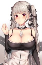 Rule 34 | 1girl, absurdres, amagi korona, azur lane, between breasts, bow, breasts, cleavage, collarbone, detached collar, dress, formidable (azur lane), frilled dress, frills, gradient background, grey hair, hair bow, hand up, highres, large breasts, long hair, long sleeves, looking at viewer, maid, parted lips, red eyes, sidelocks, solo, twintails, upper body