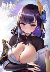 Rule 34 | 1girl, armor, backlighting, blush, breasts, bridal gauntlets, choker, chromatic aberration, cleavage, closed mouth, commentary request, fatzhai, fingernails, flower, genshin impact, hair ornament, highres, japanese clothes, kimono, kimono pull, large breasts, long hair, looking at viewer, mirror image, mole, mole under eye, nail polish, obi, obiage, obijime, outdoors, purple eyes, purple flower, purple hair, purple kimono, purple nails, raiden shogun, red ribbon, ribbon, ribbon choker, sash, shoulder armor, shrug (clothing), solo, tassel, tree, upper body