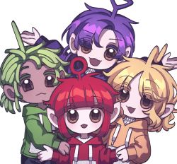 Rule 34 | 2boys, 2girls, :3, :d, animification, antenna hair, appleheart04, black wings, blonde hair, blunt bangs, brown eyes, chibi, colored eyelashes, dipsy, dreadlocks, green hair, hand on another&#039;s shoulder, highres, holding hands, hood, hoodie, laa-laa, long sleeves, looking at viewer, medium hair, multiple boys, multiple girls, open mouth, outstretched arms, parted bangs, personification, po (teletubby), pointy ears, ponytail, purple hair, red hair, smile, teletubbies, thick eyebrows, tinky winky, wings
