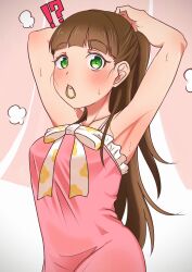 Rule 34 | !?, 1girl, alternate hairstyle, armpits, arms up, bee (j2ooeah1yk5bv49), blunt bangs, blush, bow, breasts, brown hair, collarbone, commentary, dress, green eyes, hair tie in mouth, highres, long hair, looking at viewer, love live!, love live! superstar!!, medium breasts, mouth hold, pink dress, sakurakoji kinako, solo, standing, steam, sweat, tying hair, upper body, white bow