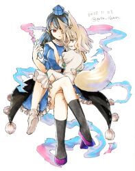 Rule 34 | 2girls, age difference, animal ears, blonde hair, blue hair, breasts, child, closed mouth, crossed legs, dark blue hair, dated, fox ears, fox tail, full body, geta, hair between eyes, hand on another&#039;s shoulder, hand up, hat, holding, holding test tube, iizunamaru megumu, kneehighs, kudamaki tsukasa, large breasts, legs on another&#039;s lap, long hair, medium hair, multiple girls, one-hour drawing challenge, onee-loli, pinup (style), pointy ears, pom pom (clothes), proton, red eyes, short hair, simple background, smoke, socks, tail, tengu-geta, test tube, tokin hat, touhou, traditional media, white background, white romper, yellow eyes, yuri