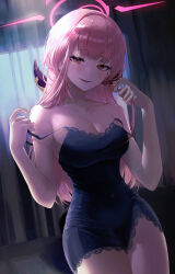 Rule 34 | 1girl, absurdres, alternate eye color, aru (blue archive), bagya, bare shoulders, black nightgown, blue archive, blush, breasts, cleavage, collarbone, commentary, covered navel, demon horns, halo, highres, horns, indoors, lace trim, large breasts, long hair, looking at viewer, narrow waist, nightgown, parted lips, pink hair, pink halo, red eyes, smile, solo, strap pull, strap slip, tight clothes