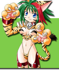 Rule 34 | 1girl, animal ears, animal hands, animal print, bell, blue eyes, breasts, cat ears, cat girl, cat tail, claws, collar, facial mark, fang, gloves, green background, green hair, highleg, highleg panties, jingle bell, looking at viewer, love love show, lowres, medium breasts, multicolored hair, navel, neck bell, orange gloves, orange panties, orange thighhighs, panties, paw gloves, print panties, print thighhighs, red hair, short hair, shrug (clothing), smile, solo, standing, tail, thighhighs, tiger print, two-tone hair, underwear, whisker markings, wristband