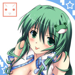 Rule 34 | 1girl, :p, blush, breasts, cleavage, female focus, green eyes, green hair, hair ornament, kochiya sanae, large breasts, long hair, matching hair/eyes, ngirln4, open clothes, smile, snake, solo, tongue, tongue out, touhou, white background