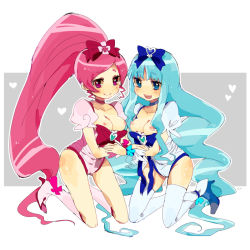 Rule 34 | 10s, 2girls, aano (10bit), blue eyes, blue hair, blush, boots, bow, breast slip, breasts, breasts out, brooch, cameltoe, cure blossom, cure marine, dress, hair bow, hair ornament, hanasaki tsubomi, heart, heart brooch, heartcatch precure!, highres, knee boots, kneeling, kurumi erika, leotard, long hair, magical girl, multiple girls, nipples, open mouth, pink bow, pink eyes, pink hair, ponytail, precure, smile, thighhighs, white legwear, wrist cuffs