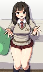 Rule 34 | 1girl, beckoning, blush, breasts, brown eyes, brown hair, couch, head tilt, highres, large breasts, long hair, looking at viewer, maruput, necktie, on couch, open mouth, original, outstretched arms, school uniform, sitting, solo, thighs
