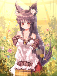 Rule 34 | 1girl, animal ears, blush, breasts, brooch, brown hair, cleavage, collarbone, dress, flower, highres, imaizumi kagerou, jewelry, long hair, long sleeves, looking at viewer, nature, off-shoulder shirt, off shoulder, red eyes, shirt, smile, solo, tail, touhou, volcano (liao), wolf ears, wolf tail