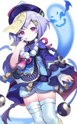 Rule 34 | 1girl, bead necklace, beads, black nails, cowboy shot, dress, genshin impact, ghost, hair between eyes, hair ornament, hat, highres, jewelry, jiangshi, long sleeves, looking at viewer, nail polish, necklace, ofuda, pink ribbon, purple dress, purple eyes, purple hair, qingdai guanmao, qiqi (genshin impact), ribbon, simple background, solo, thighhighs, white background, white thighhighs, yin yang, yuujin (yuzinn333)