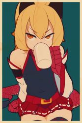 Rule 34 | 1girl, black thighhighs, blonde hair, brown eyes, cup, d-floe, drinking, highres, holding, holding cup, horns, long hair, looking at viewer, original, red skirt, sitting, skirt, solo, thighhighs