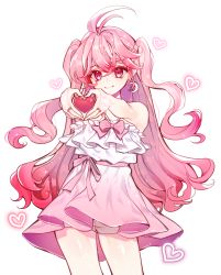 Rule 34 | 1girl, ahoge, bow, closed mouth, cowboy shot, crescent, crescent earrings, dress, earrings, elsword, heart, heart hands, highres, jewelry, laby (elsword), long hair, looking at viewer, pink bow, pink eyes, pink hair, pink theme, rimsuk, short shorts, shorts, shorts under skirt, simple background, smile, solo, sparkle, standing, two side up, waist bow, white background, white shorts