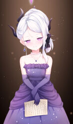 Rule 34 | 1girl, absurdres, bare shoulders, blue archive, c.u.wa, dress, elbow gloves, gloves, highres, hina (blue archive), looking at viewer, medium hair, purple dress, purple eyes, smile, solo, strapless, strapless dress, white hair