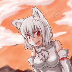 Rule 34 | 1girl, animal ears, bare shoulders, blush, breasts, chickenman, detached sleeves, inubashiri momiji, large breasts, looking at viewer, open mouth, orange eyes, orange sky, pom pom (clothes), ribbon-trimmed sleeves, ribbon trim, short hair, silver hair, sky, solo, touhou, wolf ears