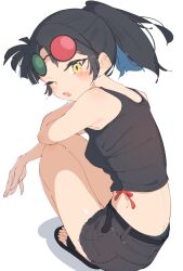 Rule 34 | 1girl, 3d glasses, an-an lee, bare arms, black hair, black shorts, black tank top, breasts, eyewear on head, full body, highres, long hair, looking at viewer, looking back, one eye closed, open mouth, ponytail, rasusurasu, reverse:1999, sandals, shorts, simple background, small breasts, solo, squatting, sunglasses, tank top, white background, yellow eyes