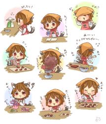 Rule 34 | 1girl, :3, ?, ^^^, animal ears, apron, brown hair, cat ears, cat tail, chen, chocolate, chocolate making, closed mouth, commentary request, earrings, closed eyes, flying sweatdrops, heart, ibaraki natou, jewelry, long sleeves, multiple tails, nekomata, short hair, single earring, sleeves rolled up, solo, tail, touhou, translation request, two tails, valentine