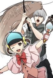 Rule 34 | 1boy, 1girl, arm up, black pants, blue headwear, bow, bowtie, brown eyes, brown hair, capelet, cosplay, cousins, doujima nanako, eyelashes, feet out of frame, fish, fishing rod, gloves, grey eyes, grey hair, grey vest, hair bow, hand mirror, highres, holding, igusaharu, looking at viewer, magical detective loveline, magical detective loveline (cosplay), mirror, narukami yuu, one eye closed, open mouth, pants, persona, persona 4, pink capelet, pink gloves, pink skirt, pink vest, red bow, red bowtie, shadow, short twintails, simple background, skirt, sweatdrop, swept bangs, teeth, twintails, upper body, upper teeth only, vest, white background, yellow bow
