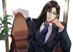Rule 34 | 1boy, alternate costume, alternate universe, black hair, black jacket, black pants, black suit, blue eyes, blue necktie, brown footwear, chair, collared shirt, commentary, crossed legs, feet up, final fantasy, final fantasy viii, foreshortening, formal, hand on own head, hands up, head on hand, holding, holding paper, indoors, jacket, jewelry, laguna loire, light smile, long hair, looking to the side, male focus, necktie, office, office chair, on chair, pants, paper, plant, potted plant, ring, salaryman, shirt, shoes, solo, suit, suit jacket, swivel chair, tama (tmfy5), tie clip, white shirt, window